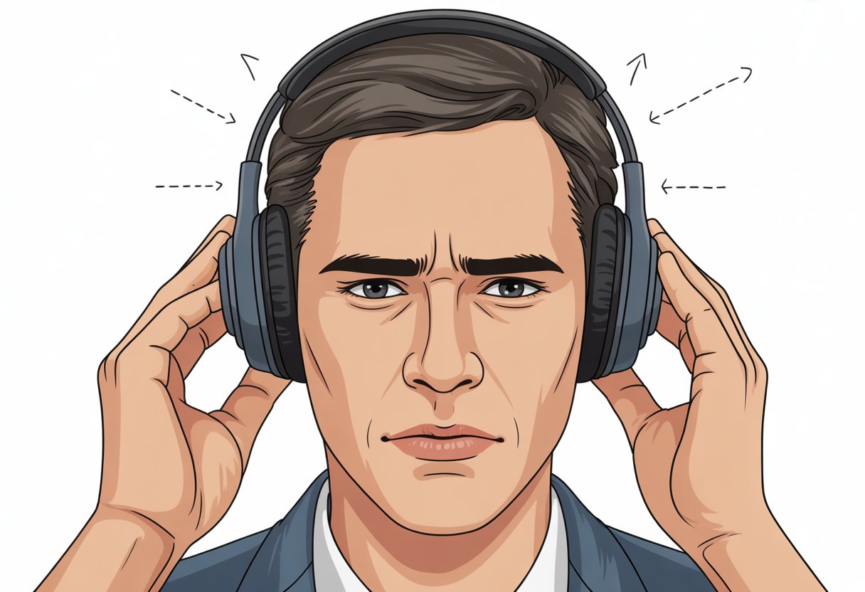 A person struggling to fit Bluetooth headphones properly on their ears, showing a close-up of the headphones not fitting well.