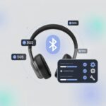A pair of Bluetooth headphones with digital error symbols and a futuristic interface panel showing repair progress.