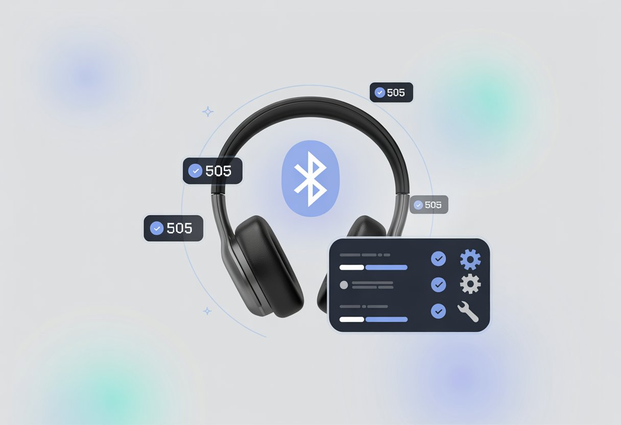 A pair of Bluetooth headphones with digital error symbols and a futuristic interface panel showing repair progress.