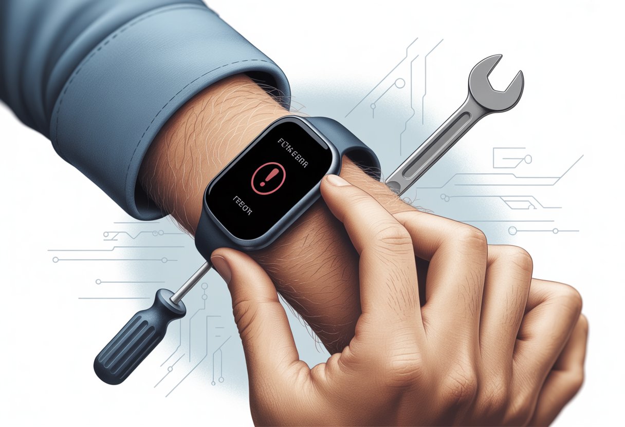Close-up of a wrist wearing a fitness tracker showing an error symbol, with tools nearby indicating repair or troubleshooting.