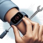 Close-up of a wrist wearing a fitness tracker showing an error symbol, with tools nearby indicating repair or troubleshooting.