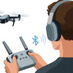 How to use Bluetooth headphones with a drone remote Without Looking Like a Confused DJ A person holding a drone remote controller while wearing Bluetooth headphones, with a flying drone visible in the background.