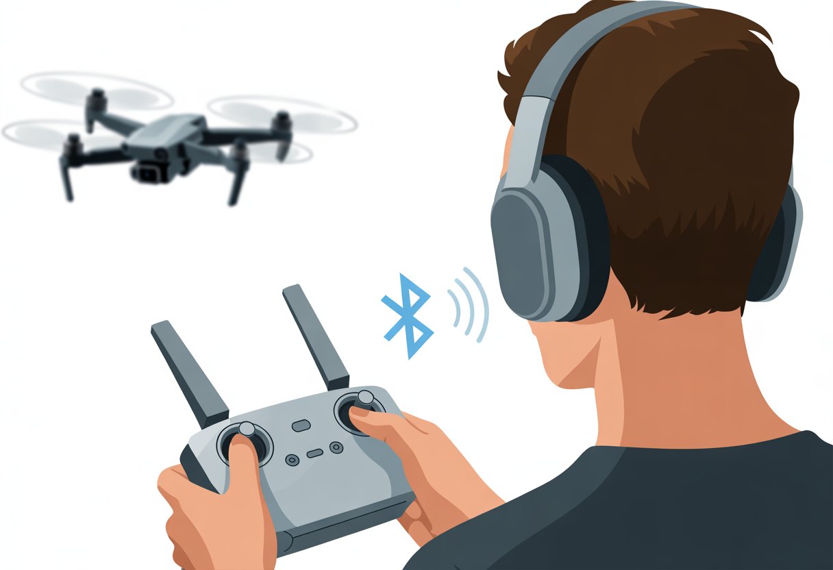 A person holding a drone remote controller while wearing Bluetooth headphones, with a flying drone visible in the background.
