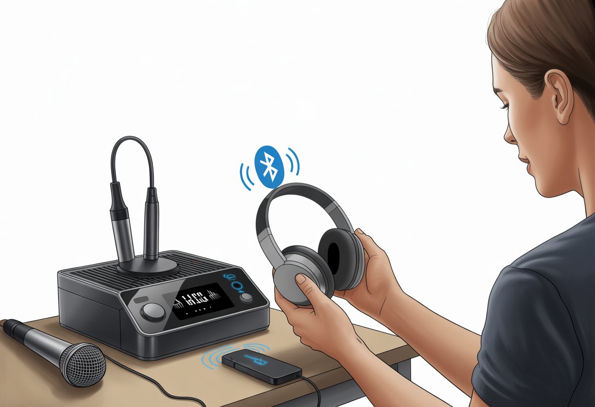A person connecting Bluetooth headphones to a karaoke machine on a table, showing wireless connection signals and a microphone nearby.