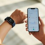 How to use a fitness tracker with iPhone (Without Throwing It Across the Room) A person holding an iPhone in one hand while wearing a fitness tracker on the other wrist, showing the devices connected.