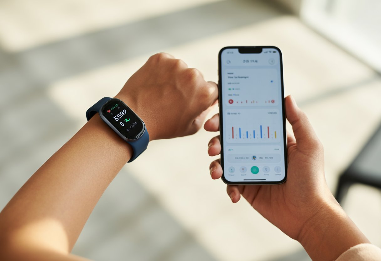 A person holding an iPhone in one hand while wearing a fitness tracker on the other wrist, showing the devices connected.