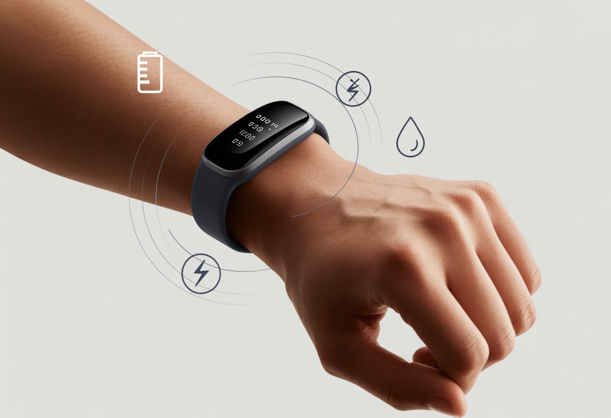 A close-up of a wrist wearing a fitness tracker with a dimmed screen and icons representing battery, Bluetooth, and moisture issues around it.