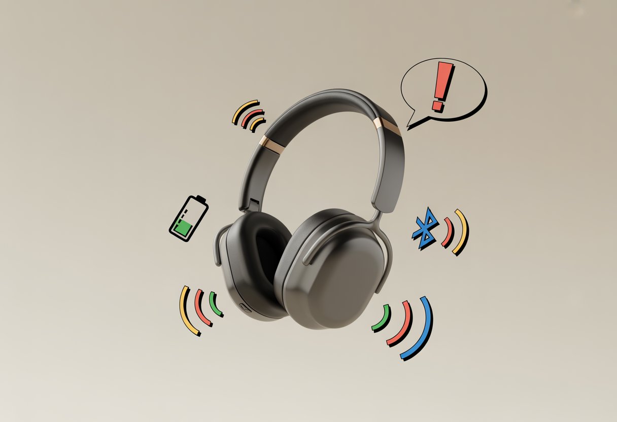 A pair of Bluetooth headphones surrounded by icons representing low battery, weak signal, and an alert, indicating reasons for beeping sounds.