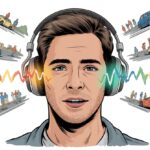 Why do my Bluetooth headphones not block outside sound? Sorry, They’re Not Mind Readers! A person wearing Bluetooth headphones outdoors with sound waves from traffic and people passing through the headphones.