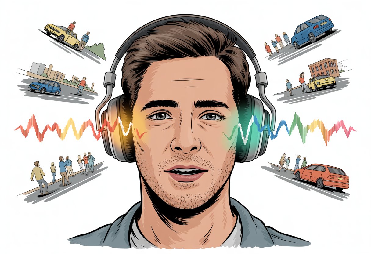 A person wearing Bluetooth headphones outdoors with sound waves from traffic and people passing through the headphones.