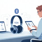 Bluetooth headphones error code 104 fix: How to Unleash Your Tunes and Your Sanity A person using a tablet to troubleshoot a pair of Bluetooth headphones on a desk with a laptop nearby showing connectivity icons.