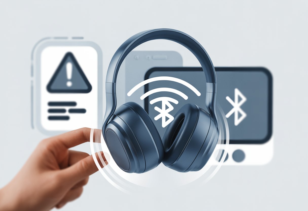 A pair of Bluetooth headphones with a hand adjusting them, surrounded by Bluetooth and connectivity icons, and a warning symbol indicating a technical issue.
